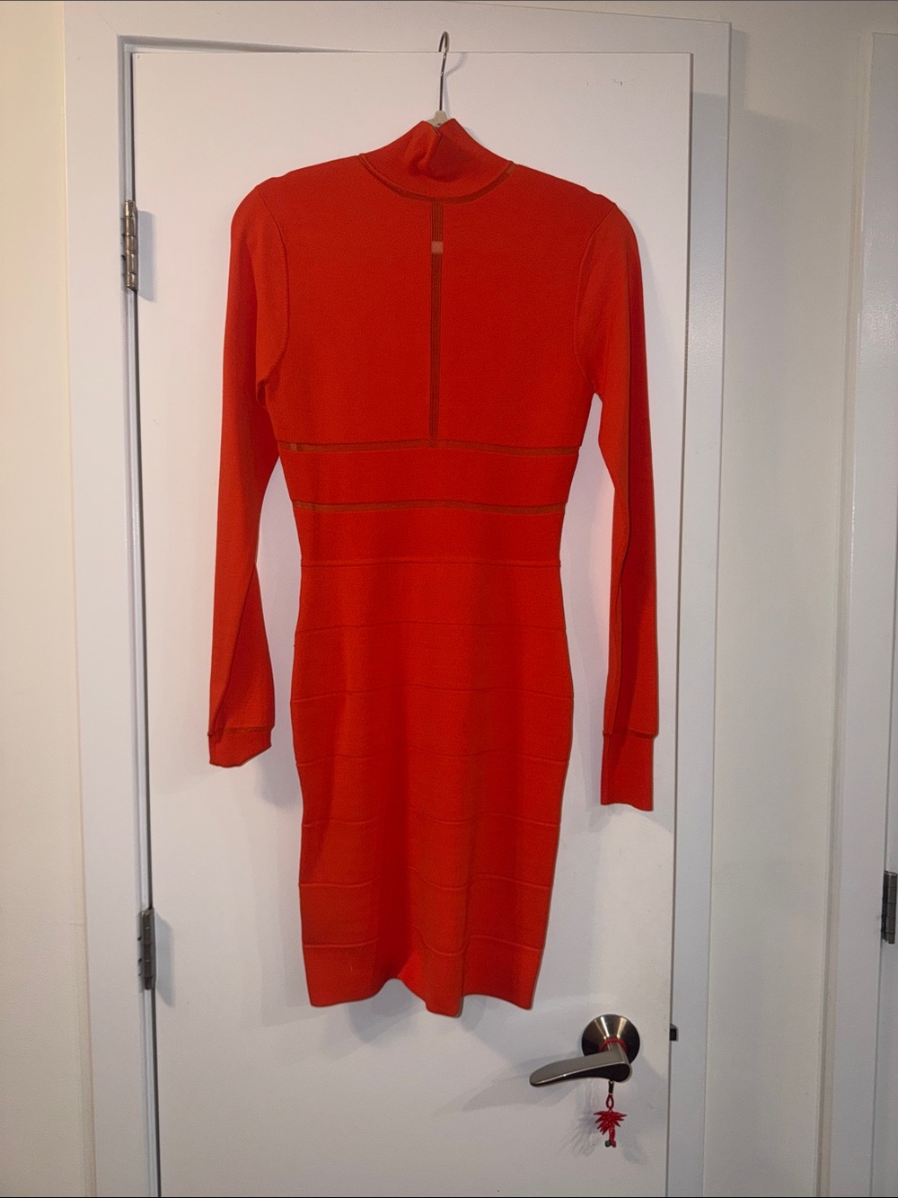 Herve Leger Long Sleeve Red Mock Neck Bodycon Dress